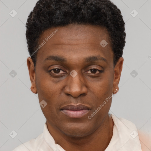 Joyful black young-adult male with short  brown hair and brown eyes