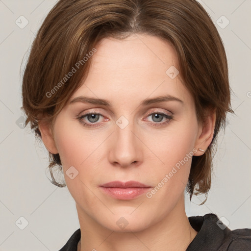 Neutral white young-adult female with medium  brown hair and grey eyes