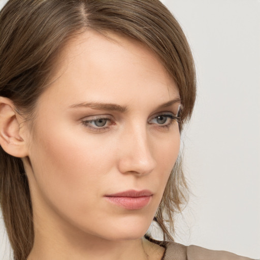 Neutral white young-adult female with long  brown hair and grey eyes