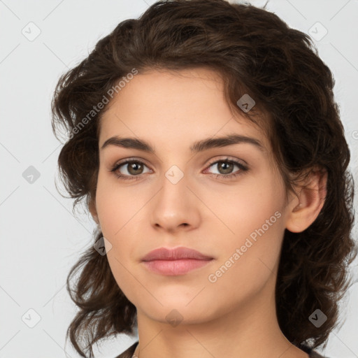 Neutral white young-adult female with medium  brown hair and brown eyes