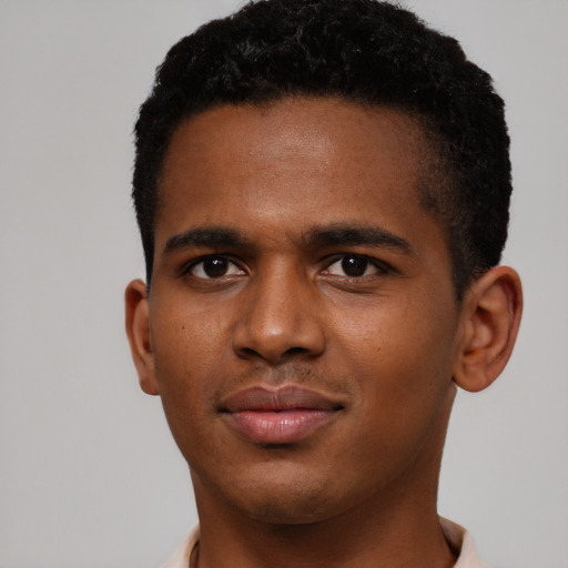 Joyful black young-adult male with short  brown hair and brown eyes