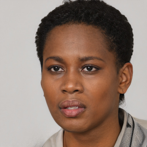 Neutral black young-adult female with short  black hair and brown eyes