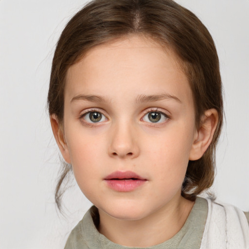 Neutral white child female with medium  brown hair and grey eyes