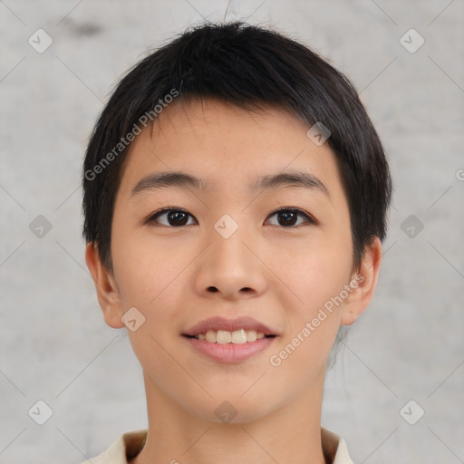 Joyful asian young-adult female with short  brown hair and brown eyes