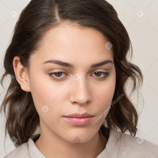 Neutral white young-adult female with medium  brown hair and brown eyes