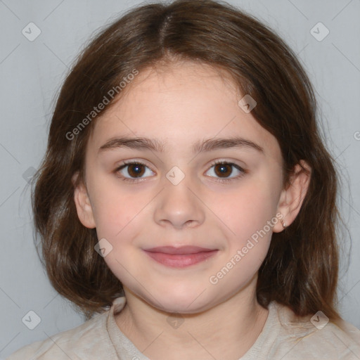 Joyful white child female with medium  brown hair and brown eyes