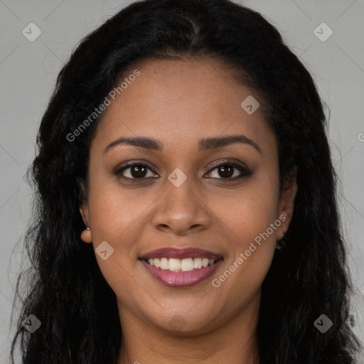 Joyful latino young-adult female with long  brown hair and brown eyes