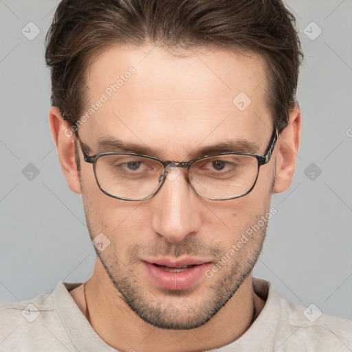 Neutral white adult male with short  brown hair and brown eyes