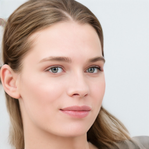 Neutral white young-adult female with long  brown hair and grey eyes