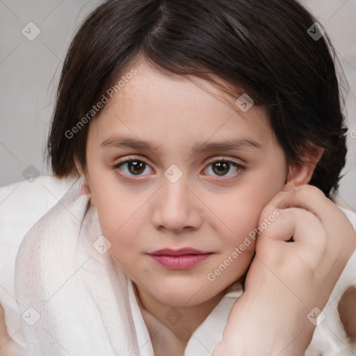 Joyful white child female with medium  brown hair and brown eyes