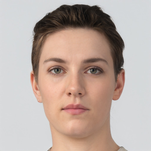 Neutral white young-adult female with short  brown hair and brown eyes