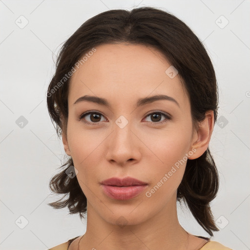 Neutral white young-adult female with medium  brown hair and brown eyes