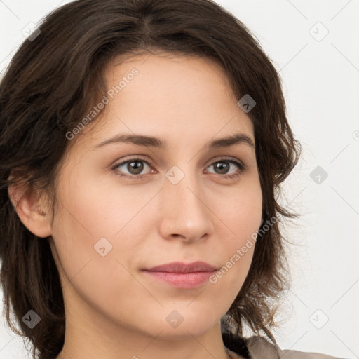 Neutral white young-adult female with medium  brown hair and brown eyes