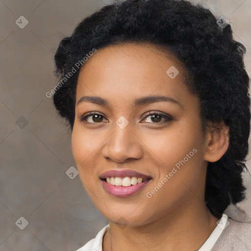 Joyful black young-adult female with medium  black hair and brown eyes