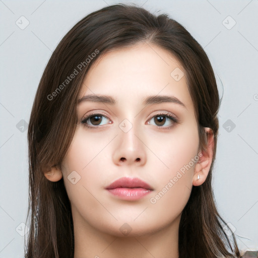 Neutral white young-adult female with long  brown hair and brown eyes