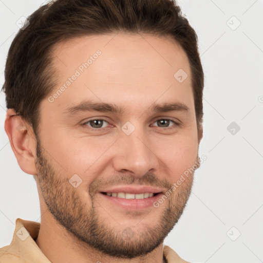 Joyful white young-adult male with short  brown hair and brown eyes