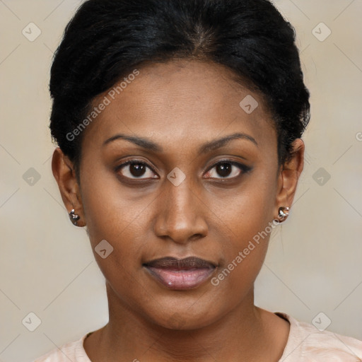 Neutral black young-adult female with short  black hair and brown eyes