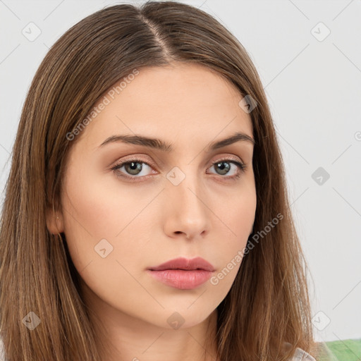 Neutral white young-adult female with long  brown hair and brown eyes