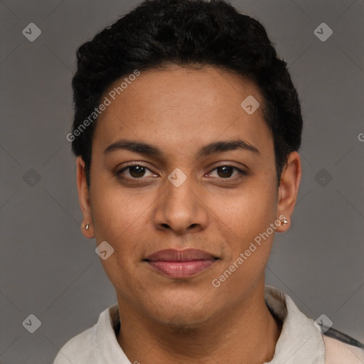 Joyful latino young-adult female with short  black hair and brown eyes