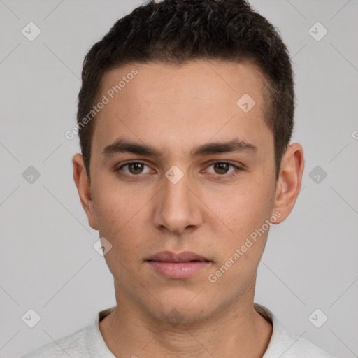 Neutral white young-adult male with short  brown hair and brown eyes