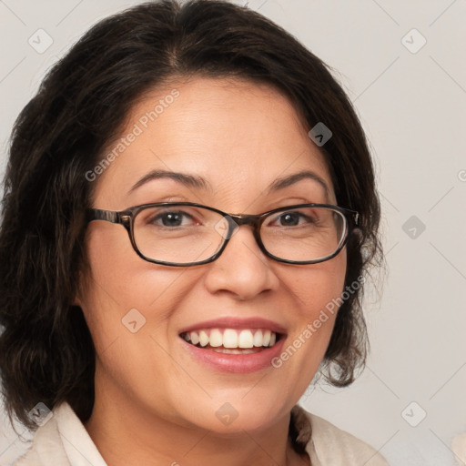 Joyful white adult female with medium  brown hair and brown eyes