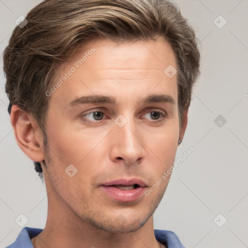 Neutral white young-adult male with short  brown hair and brown eyes