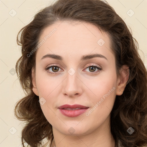 Joyful white young-adult female with long  brown hair and green eyes