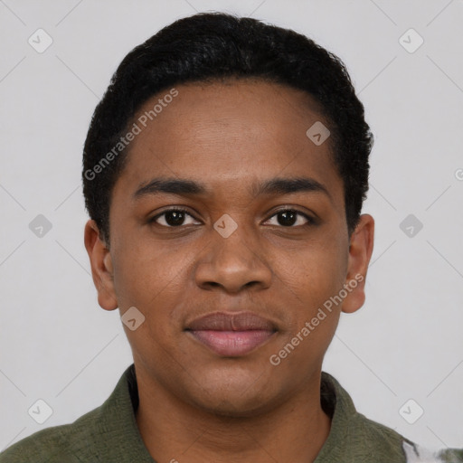 Joyful black young-adult male with short  black hair and brown eyes