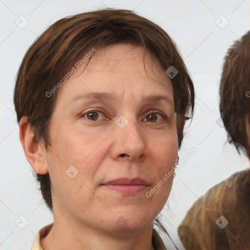 Neutral white adult female with medium  brown hair and brown eyes