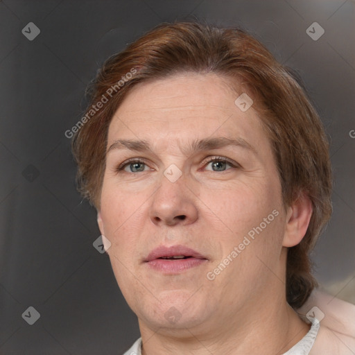 Neutral white adult female with short  brown hair and brown eyes