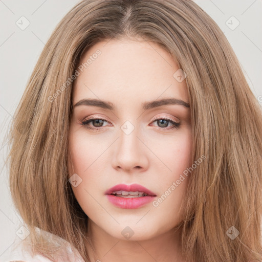 Neutral white young-adult female with long  brown hair and brown eyes