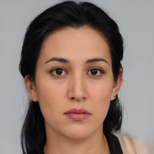 Neutral asian young-adult female with long  black hair and brown eyes