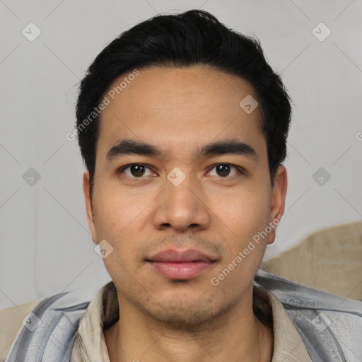 Neutral asian young-adult male with short  black hair and brown eyes