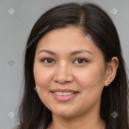 Joyful white young-adult female with long  brown hair and brown eyes