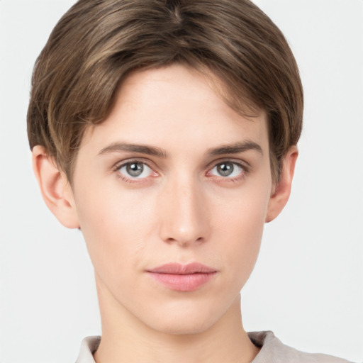 Neutral white young-adult female with short  brown hair and grey eyes