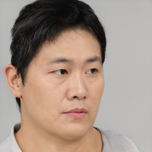 Neutral asian young-adult male with short  brown hair and brown eyes