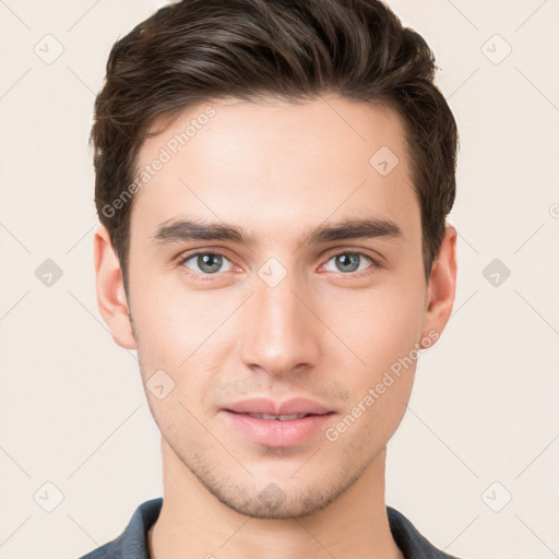 Neutral white young-adult male with short  brown hair and brown eyes