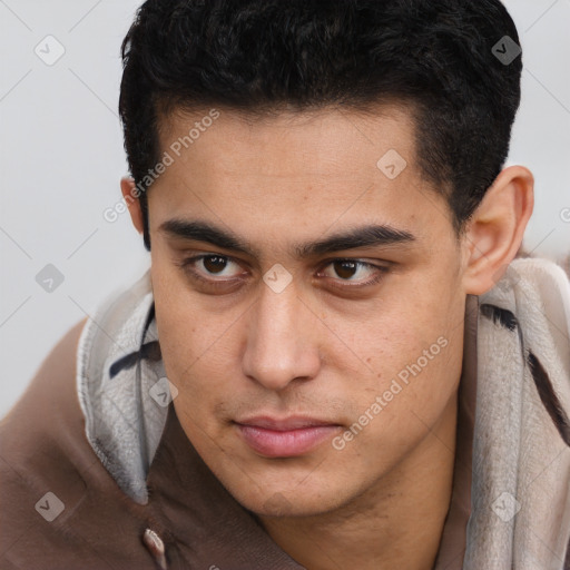 Neutral latino young-adult male with short  brown hair and brown eyes