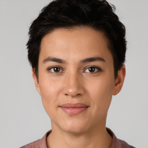 Joyful white young-adult female with short  black hair and brown eyes