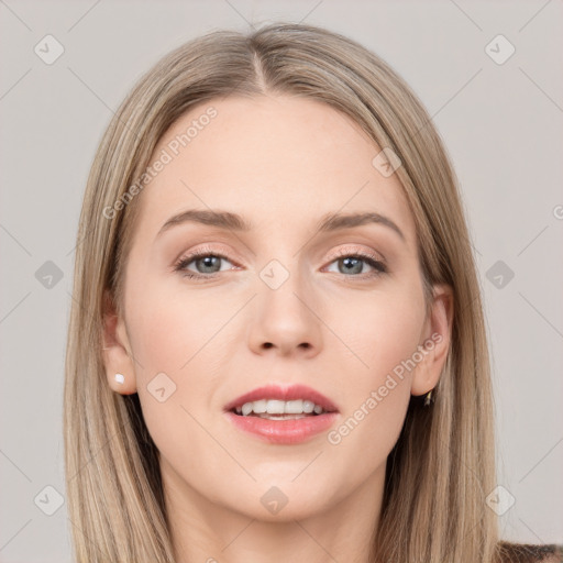 Joyful white young-adult female with long  brown hair and grey eyes