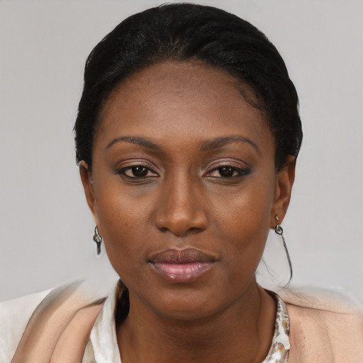 Neutral black young-adult female with short  black hair and brown eyes