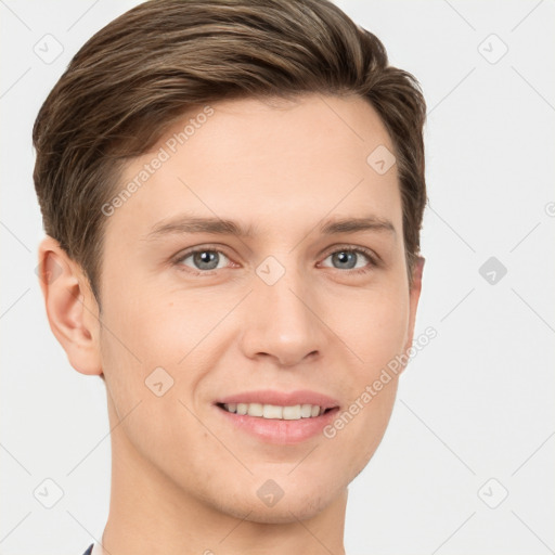 Joyful white young-adult female with short  brown hair and grey eyes