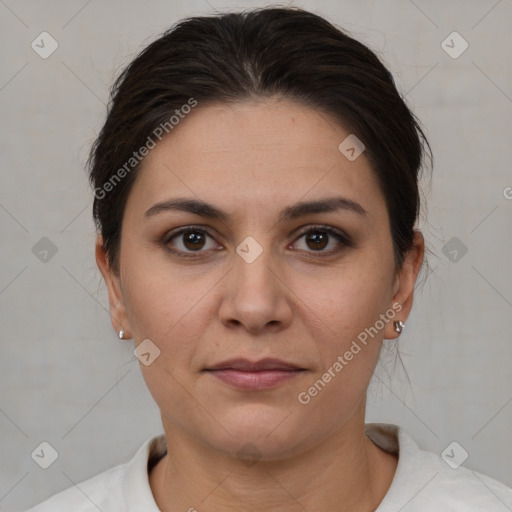 Joyful white young-adult female with short  brown hair and brown eyes