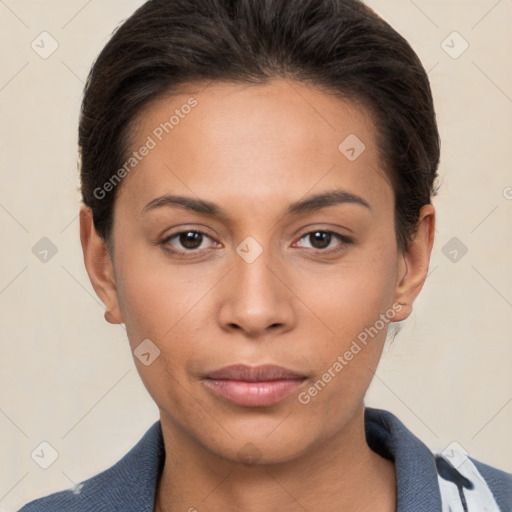 Neutral white young-adult female with short  brown hair and brown eyes