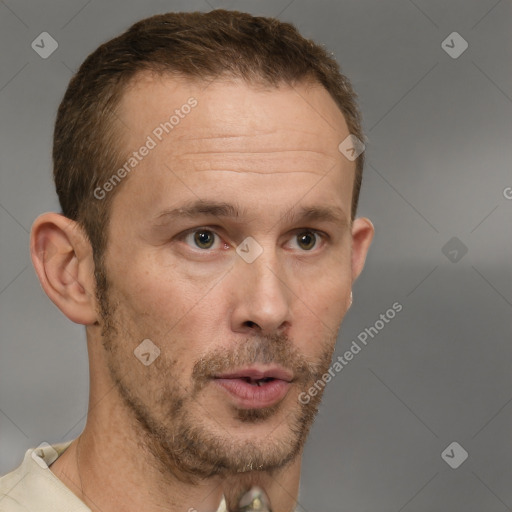 Neutral white adult male with short  brown hair and grey eyes