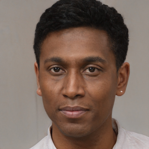 Neutral black young-adult male with short  black hair and brown eyes
