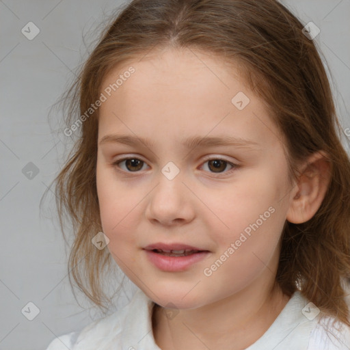 Joyful white child female with medium  brown hair and brown eyes