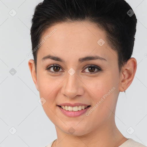 Joyful white young-adult female with short  brown hair and brown eyes