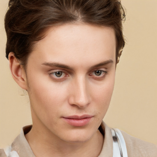 Neutral white young-adult female with short  brown hair and brown eyes