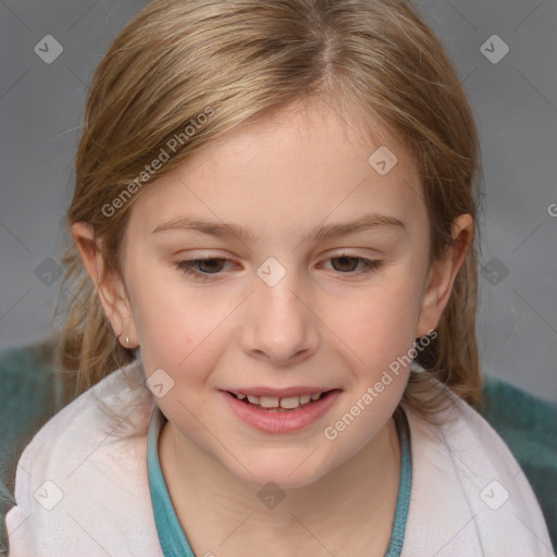 Joyful white child female with medium  brown hair and brown eyes